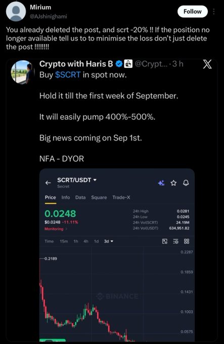 An X post by Mirium (@Ashimghami) quotes Crypto with Haris B (@Crypt…): “Buy $SCRT in spot now. Hold it till the first week of September. It will easily pump 400%-500%. Big news coming on Sep 1st. NFA - DYOR,” alongside a Binance SCRT/USDT chart at roughly 0.0248 showing a sharp decline. This supports the comparison to an alleged crypto “pump and dump” playbook.
