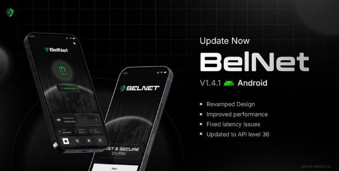 A promotional advertisement for BelNet VPN v1.4.1 on Android, featuring two smartphones displaying the app interface and listing updates such as 'Revamped Design,' 'Improved performance,' and 'Fixed latency issues.'