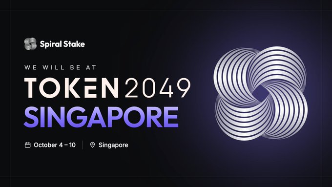 Promotional banner for Spiral Stake announcing their attendance at Token 2049 Singapore, dated October 4-10, featuring a spiral logo design.