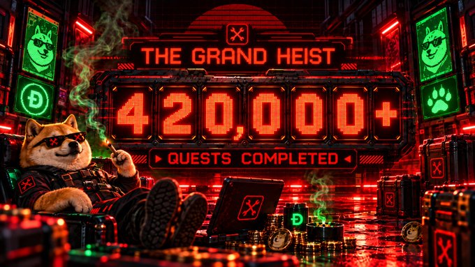 A cyberpunk-themed Doge mascot lounges among neon-lit crates and smoke, beneath a glowing "THE GRAND HEIST" digital display counting **420,000+ QUESTS COMPLETED** — visually matching the post's celebration of hitting 420k completed quests.