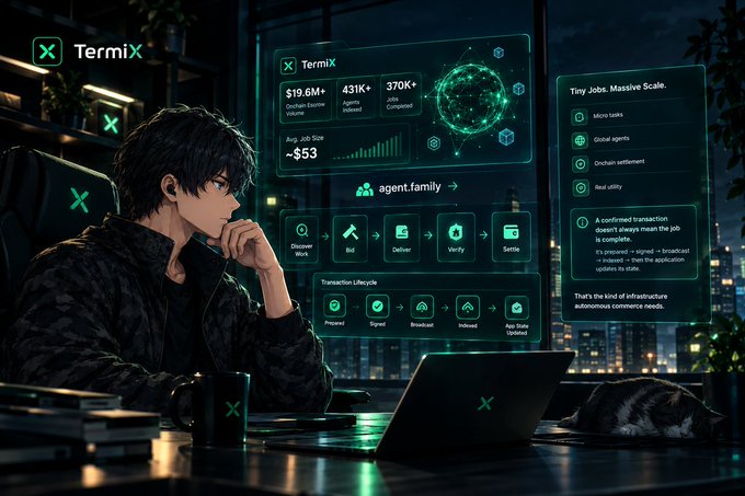 An anime-style illustration of a dark-haired character working on a laptop, overlaid with a futuristic 'TermiX' dashboard displaying metrics like '$19.6M+ Onchain Euphoria Volume' and transaction lifecycle steps.