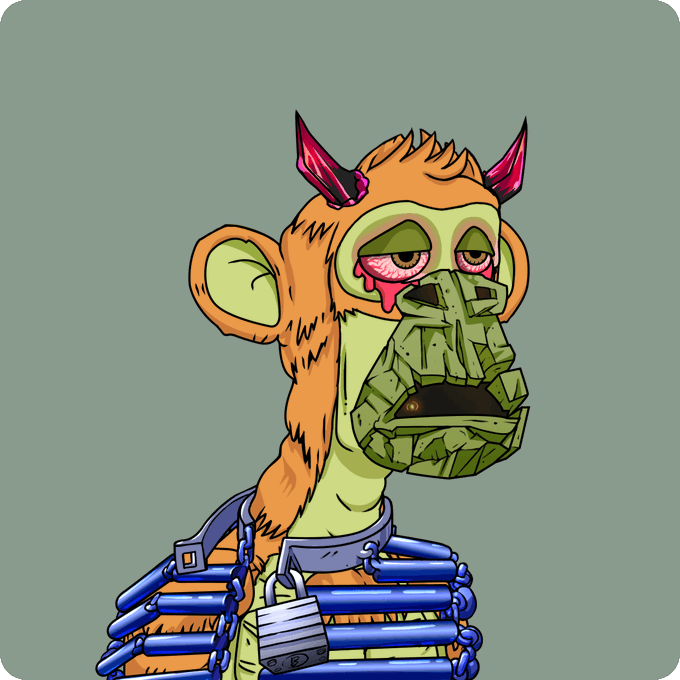 A digital illustration of a cartoon monkey character with pink horns, a green cracked face, pink droopy eyes, and a blue mechanical collar with chains and a padlock, set against a green background.