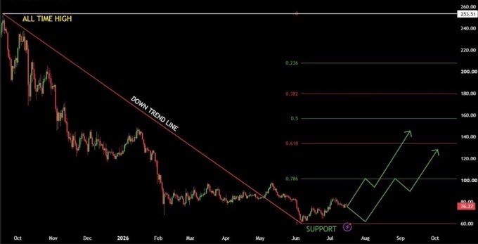 A technical chart of $SOL showing a multi-month downtrend from its all-time high of $253.31, with a down trend line broken after a double bottom formed near $60 support, projecting upside targets at the 0.618 ($140), 0.5 ($160), 0.382 ($180), and 0.236 ($200) Fibonacci retracement levels through October.