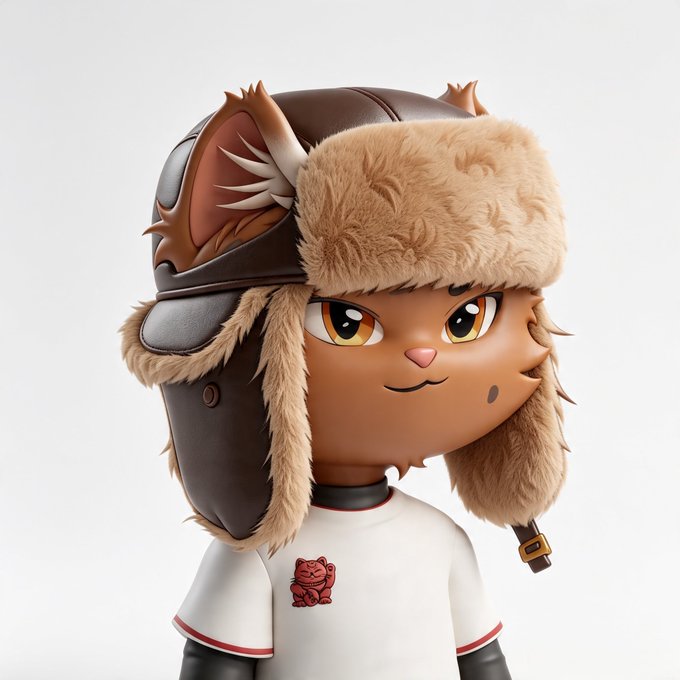 A 3D-rendered anthropomorphic cat character wearing a brown leather aviator hat with fur trim and a white t-shirt featuring a small red tiger logo. The image relates to the post showcasing the NFT "Mortals #1101," depicting one of the collectible characters from the collection that sold for 0.292 ETH.