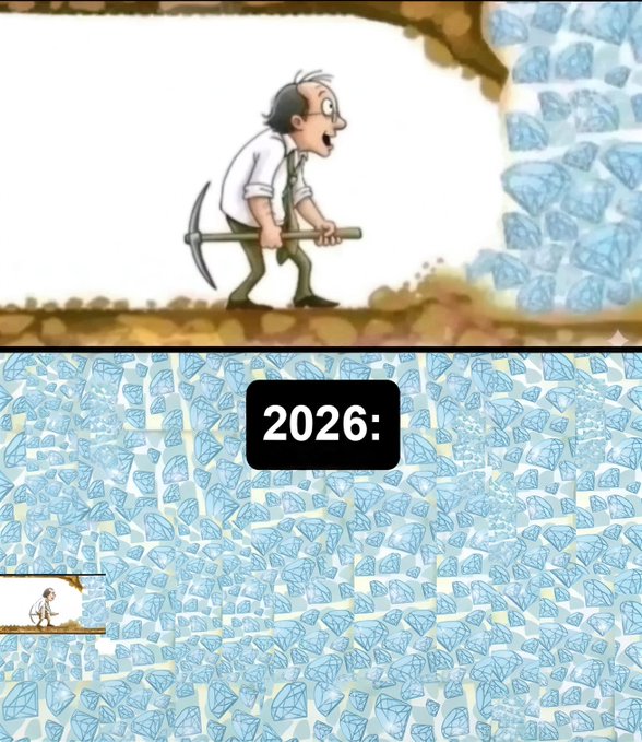 A meme showing a cartoon miner digging in a small cave at the top, with '2026:' labeled on an exponentially larger cave filled with diamonds below.