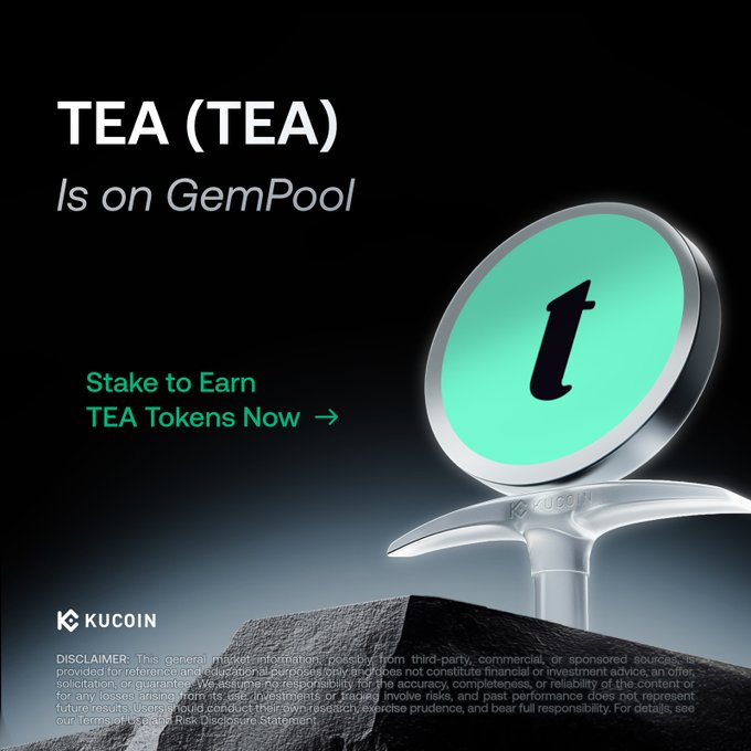 The image features a green circle with the word "Tea" written on it, sitting atop a rock. Below this, there's text that reads "TEA (TEA) is on GemPool". The image also includes a link to a website called KuCoin, which is related to the post about the Tea Party and the Gempool project.