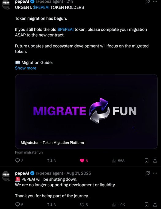 A Twitter/X post by @pepeaiagent announcing an urgent token migration for $PEPEAI holders to a new contract via Migrate.fun, with a follow-up post stating that PEPEAI will be shutting down.