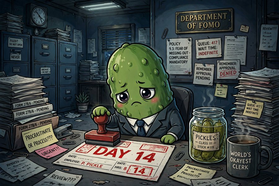 A sad pickle clerk stamps "DAY 14" papers in a dim office labeled "DEPARTMENT OF FOMO," surrounded by bureaucratic forms ("FORM 27B/6 - PENDING"), a jar of "PICKLES - CLASS III - STOCK #119," a "WORLD'S OKAYEST CLERK" mug, and signs reading "QUEUE 417 - WAIT TIME: INDEFINITE" and "FEAR OF MISSING OUT - COMPLIANCE MANDATORY." The image humorously illustrates the post's reference to day 14 on the job at the Department of FOMO, where waiting for a project like the @fomiesnft mint feels like an eternity, but the author insists they already feel "home."