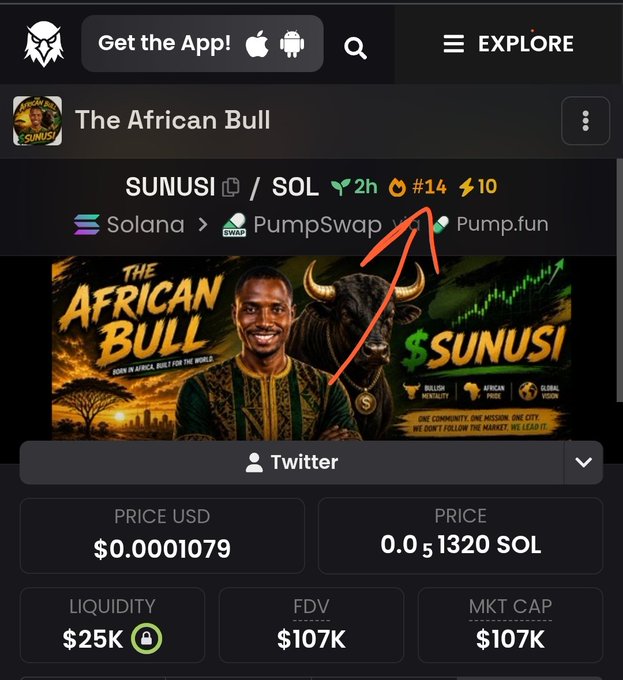 The image shows a Dex Screener listing for the $SUNUSI token on Solana, featuring "The African Bull" project, with a hand-drawn red arrow pointing to its #14 trending rank. The post celebrates the token appearing on Dex Screener's trending list, and the screenshot visually confirms this achievement by highlighting the ranking indicator with an arrow.