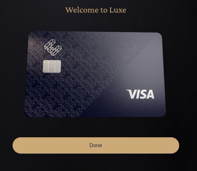 A welcome screen displays 'Welcome to Luxe' above a dark blue Visa credit card with a geometric pattern and a 'Done' button.
