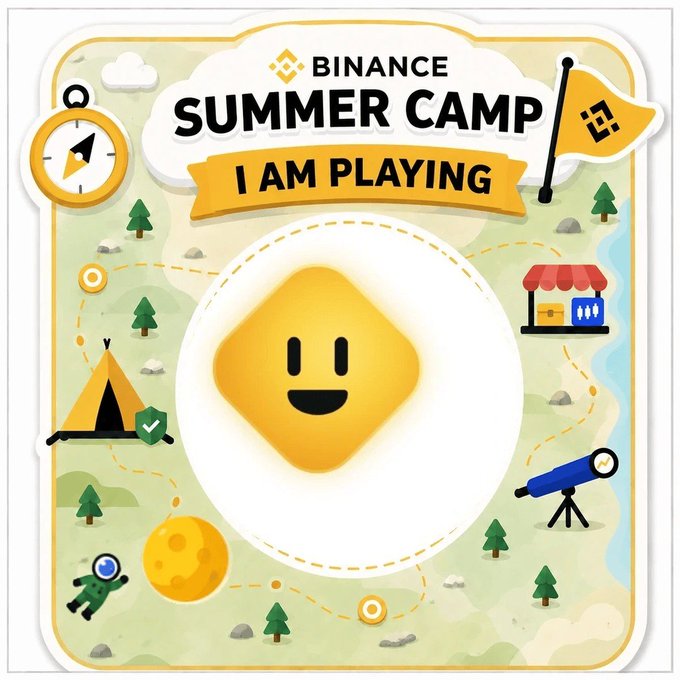 A colorful Binance 'Summer Camp' promotional graphic with the text 'I AM PLAYING' featuring a smiling yellow diamond character surrounded by camping-themed illustrations.