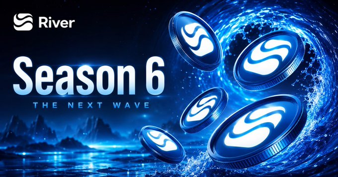 A promotional image for River's Season 6 launch, featuring the tagline "Season 6 – THE NEXT WAVE" alongside the River logo, with blue glowing coins bearing the "S" logo floating amid a wave-like background, visually reinforcing the brand's name and its focus on solving cross-chain liquidity challenges mentioned in the post.