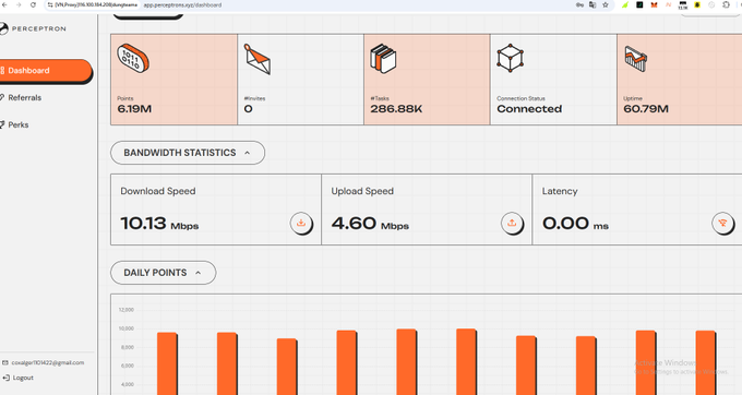A screenshot of a Perceptron dashboard showing bandwidth statistics including a download speed of 10.13 Mbps, upload speed of 4.60 Mbps, and a daily points bar chart.