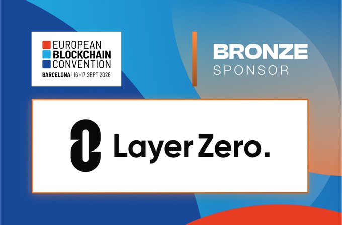 Promotional graphic for LayerZero as a Bronze Sponsor at the European Blockchain Convention in Barcelona, September 16-17, 2026.