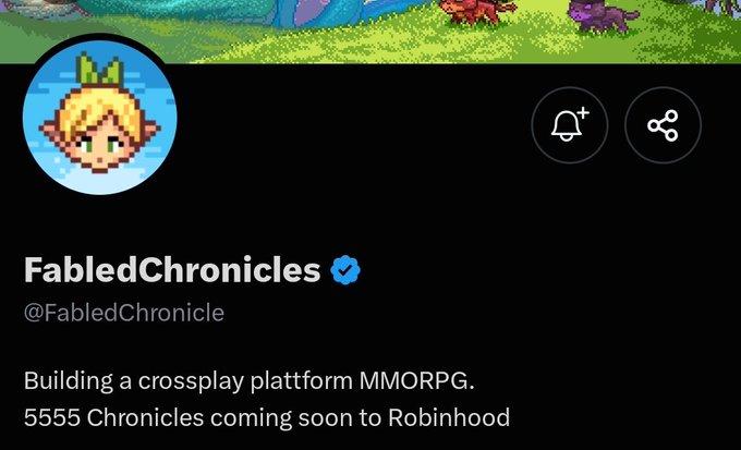 A Twitter/X profile for @FabledChronicle (FabledChronicles), a verified account announcing their upcoming crossplay MMORPG "5555 Chronicles" launching on Robinhood chain, featuring a pixel-art elven character avatar.