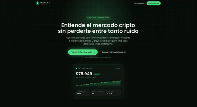 A screenshot of a website named 'LC CRYPTO' with Spanish text 'Entiende el mercado cripto sin perderte entre tanto ruido' and a Bitcoin price chart showing $78,949 with a +0.54% increase.