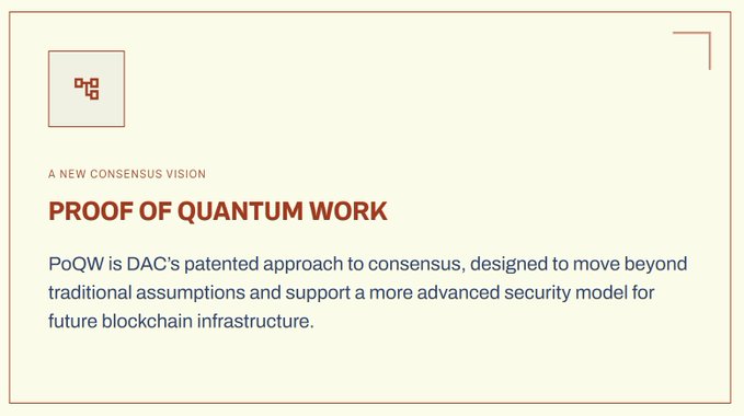 The image shows a white background with black text that reads "proof of Quantum Work" followed by a list of items, including "PoQW", "DAC's patented approach to consistency", and "most blockchain mining today is still built around classical computation". The image also includes a small logo in the top left corner.