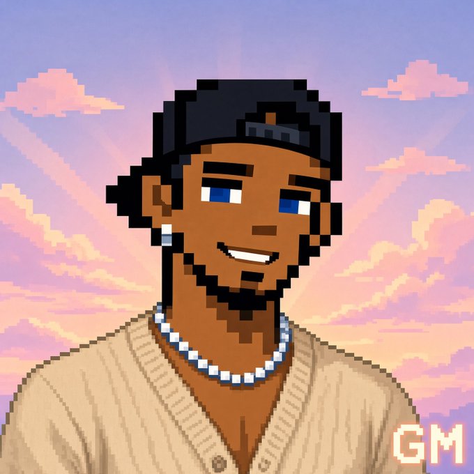 A pixel art portrait of a smiling young man with dark hair, blue eyes, wearing a backwards cap, pearl necklace, and beige cardigan against a sunset sky.