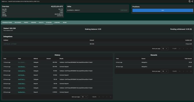 A dashboard screenshot showing an overview with total value of 40,022,634.679, alongside tabs for delegations, staking, history, and rewards.