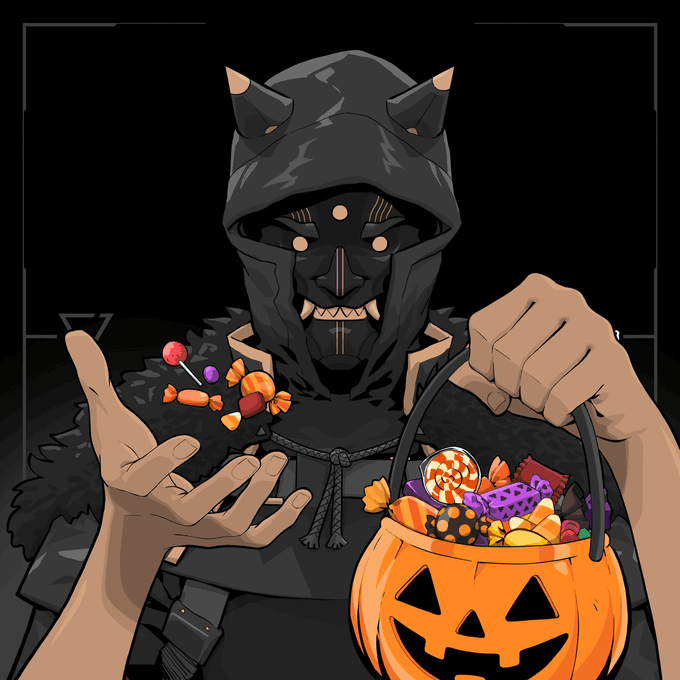 An illustration of a menacing demonic figure wearing a black horned hood, holding a jack-o'-lantern candy bucket while sprinkling candy corn and treats from one hand.