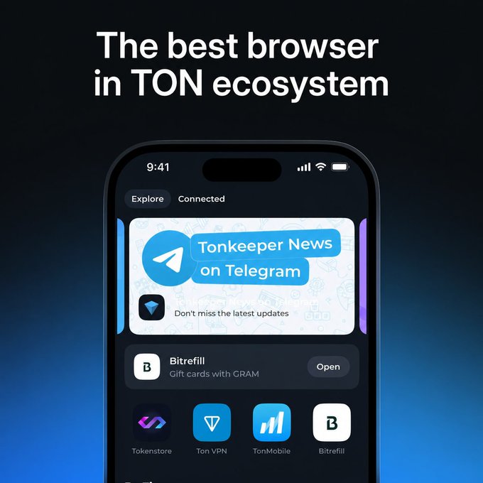 A smartphone displays the Tonkeeper app interface with the headline "The best browser in TON ecosystem," featuring tabs for Explore and Connected, a Tonkeeper News on Telegram banner, and shortcuts to apps like Bitrefill, Tokenstore, Ton VPN, and TonMobile—visually showcasing the browser's all-in-one gateway to DeFi, NFT marketplaces, games, and utilities within the TON ecosystem.