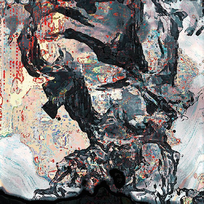 An abstract painting featuring a tree-like form rendered in black, grey, and white tones with splatters of red and blue accents.