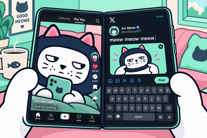 An illustration shows a person holding a teal smartphone displaying the @ArcMeowNFT TikTok account, with a tweet draft reading "meow meow meow" and a caption asking "still scrolling?", while a hooded cat character appears on both screens.