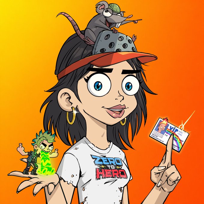 An illustration of a girl wearing a 'Zero to Hero' shirt and a perforated cap with a possum-like creature on top, holding a VIP card with a small green-haired character on her other hand.