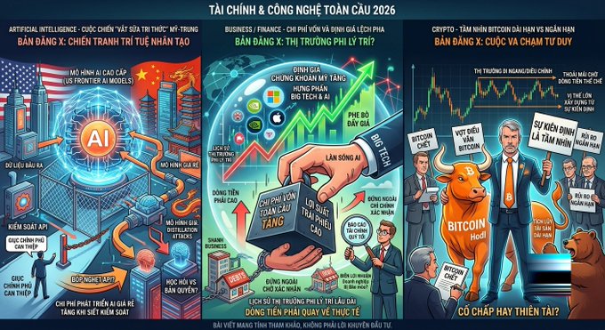 An infographic titled 'TÀI CHÍNH & CÔNG NGHỆ TOÀN CẦU 2026' depicts three panels covering the US-China AI trade war, global finance, and cryptocurrency/Bitcoin.