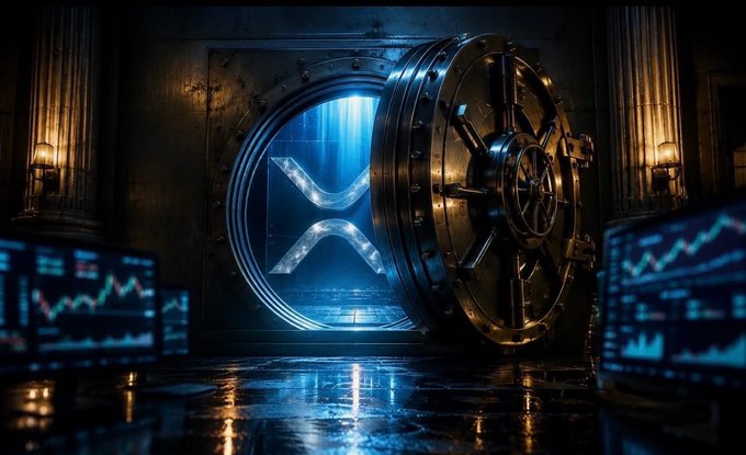 A massive, ornate vault door stands open, revealing a glowing blue interior emblazoned with the XRP logo, while trading charts displaying upward-trending candlestick patterns illuminate the foreground, symbolizing a bullish breakout for the cryptocurrency as suggested by the post's excited "#XRP" sentiment.