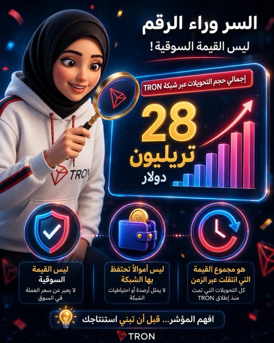 This image highlights that the "secret behind the number" for TRON is not its market value but the "total transaction volume" of $28 trillion on the TRON network since its launch. The image visually reinforces this by showing a stylized character examining the TRON logo through a magnifying glass, with the large "28 trillion" inscription and a bar graph symbolizing growth.