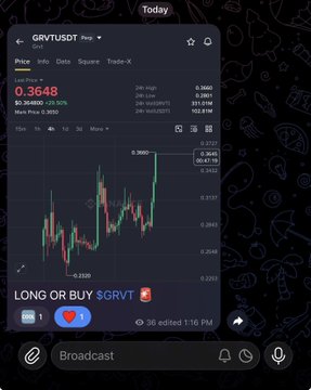 A mobile trading chart displays GRVT/USDST with the token's price at 0.3648, showing a 63.3660% gain over the last hour with a "LONG OR BUY $GRVT" call-to-action. The image visually reinforces the post's bullish signal by showcasing GRVT's sharp price surge, positioning it as the next potential breakout token similar to HEI.