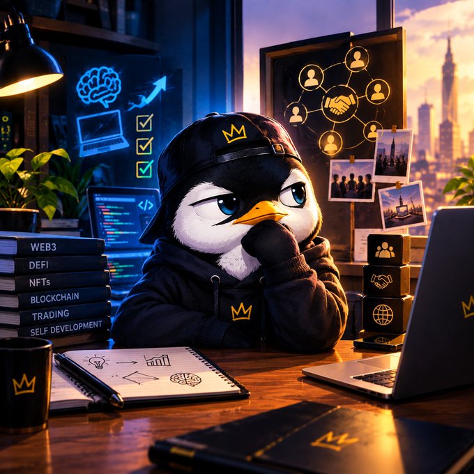 A cartoon penguin wearing a black hoodie and cap sits thoughtfully at a desk with a laptop, surrounded by books labeled 'WEB3', 'DEFI', 'NFTs', 'BLOCKCHAIN', 'TRADING', and 'SELF DEVELOPMENT', alongside neon signs and crypto-themed imagery.