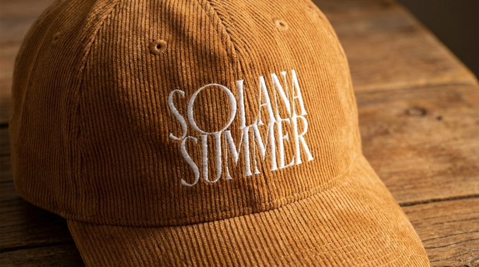 Close-up of a brown corduroy cap embroidered with 'SOLANA SUMMER' in stacked white text.