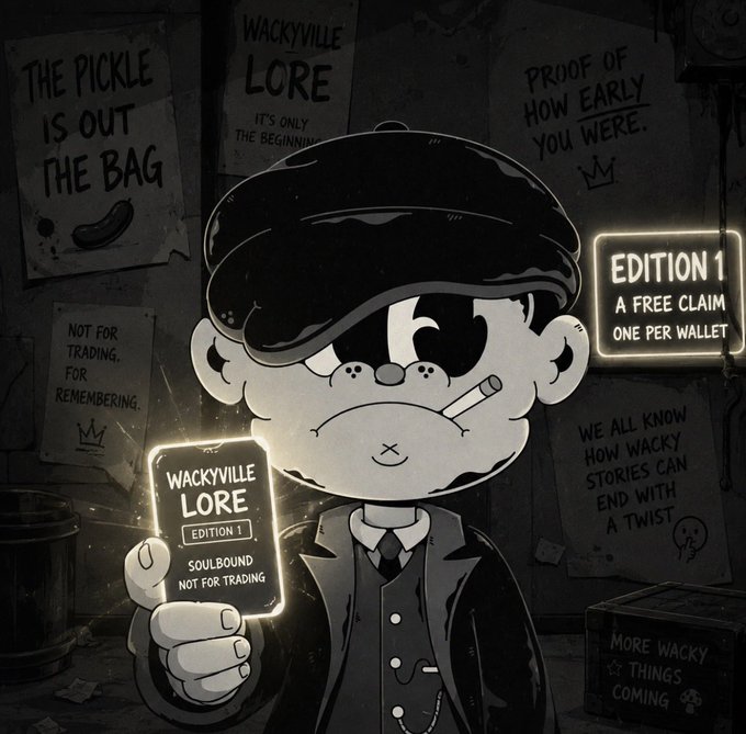 An illustration of a cartoon character in a flat cap and suit holding a 'WACKYVILLE LORE EDITION 1 SOULBOUND NOT FOR TRADING' card, with surrounding posters reading 'THE PICKLE IS OUT THE BAG' and 'PROOF OF HOW EARLY YOU WERE.'