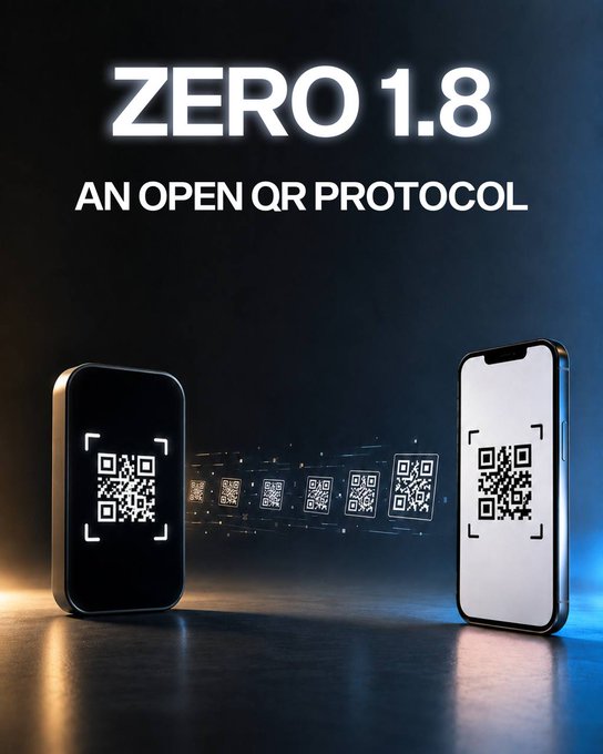 Promotional graphic announcing "ZERO 1.8 - AN OPEN QR PROTOCOL," featuring two smartphones displaying QR codes with a stream of QR codes flowing between them, visually illustrating the new open-source Universal QR Protocol for wallet sync and transaction signing announced by NGRAVE.