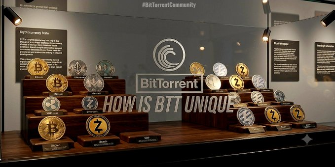 A museum or exhibition display case showcasing various cryptocurrency tokens on wooden stands, with informational panels about 'Cryptocurrency Stats' and a large 'BitTorrent' logo featuring the text 'HOW IS BTT UNIQUE'.