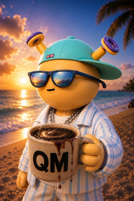 A 3D-rendered yellow cartoon character wearing a teal cap, sunglasses, and striped shirt holds a coffee mug labeled "QM" on a beach at sunset.