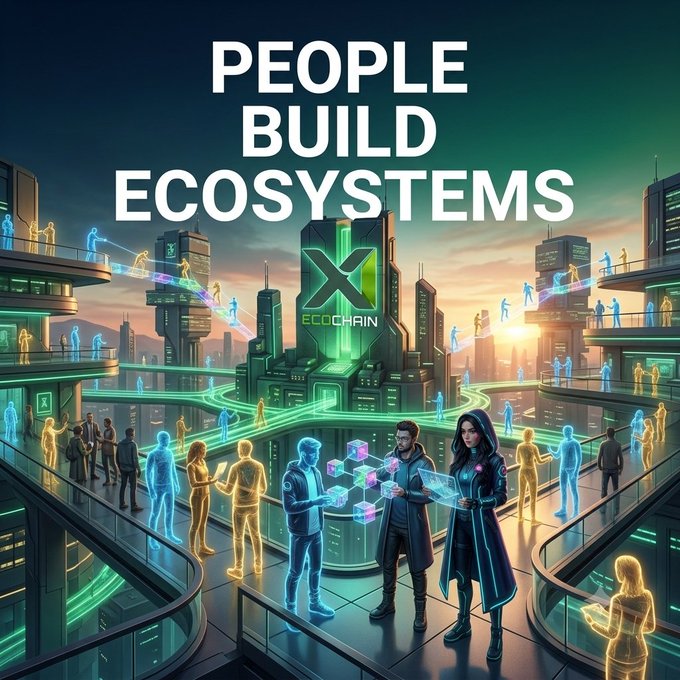 A futuristic cityscape illustration with the text 'PEOPLE BUILD ECOSYSTEMS' and an 'ECOCHAIN X' logo, showing diverse people connected by holographic displays.