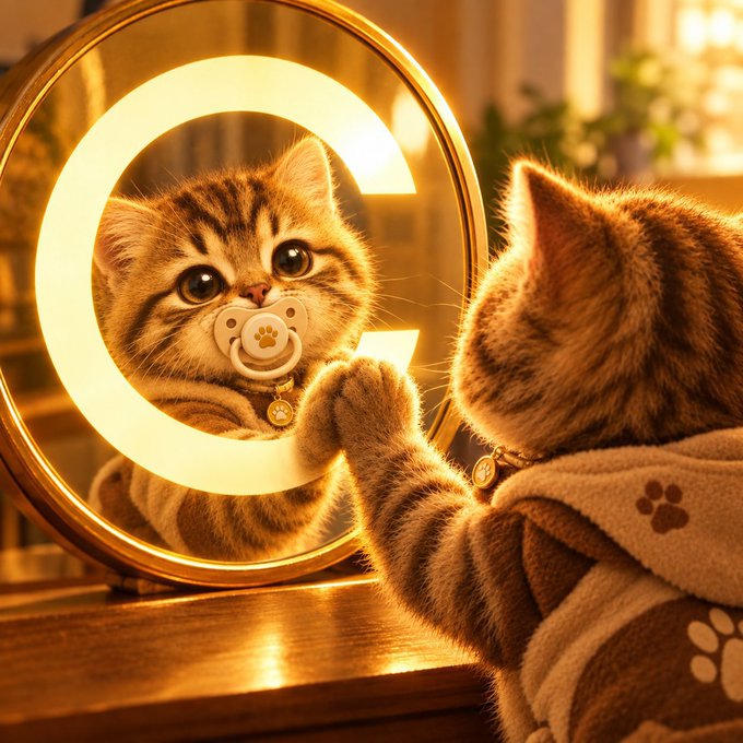 A warm, cinematic depiction of a tabby kitten with a pacifier in its mouth looking into a glowing circular mirror, wearing a brown paw-print hoodie, while its reflection shows another paw touching the glass.