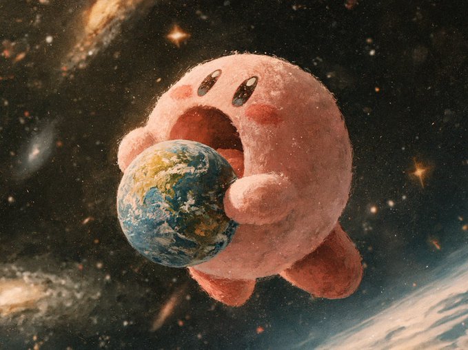 A whimsical digital artwork of a pink, fuzzy, round Kirby-like character floating in outer space, holding planet Earth in its arms against a starry cosmic background.