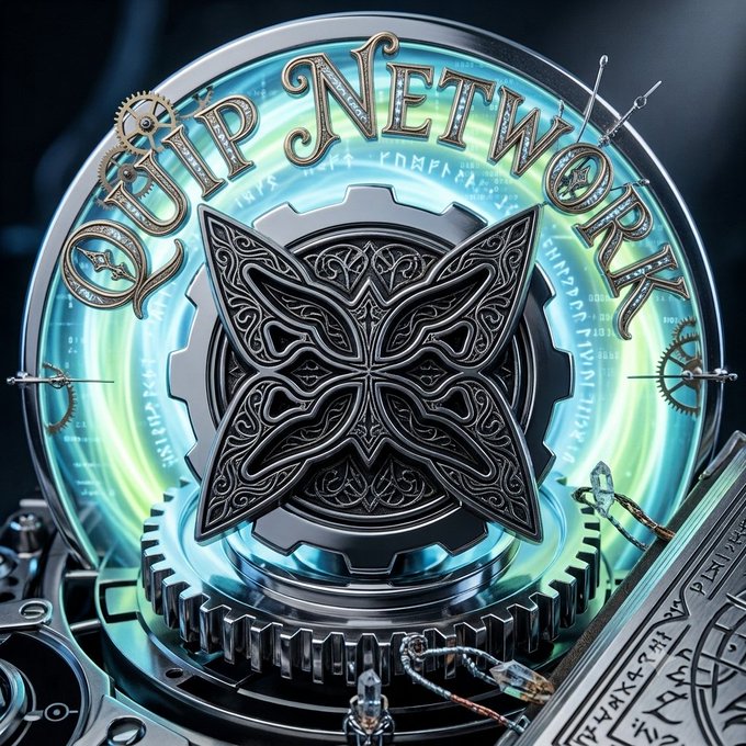 A digital artwork featuring a glowing blue circular emblem with 'TIP NETWORK' text, an ornate Celtic knot butterfly design, gears, and runes.