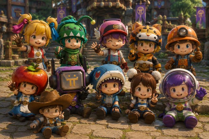 A vibrant group of chibi-style characters in whimsical costumes—from a tiger suit and diving helmet to a cowboy hat and space suit—pose cheerfully in a fantasy village setting, each wearing a chest emblem with the "TT" logo. The image ties to the post's question "How many skins have you collected so far?" by showcasing the variety of collectible character outfits in the Pi Network–linked game Elf Continent by CiDi Games.