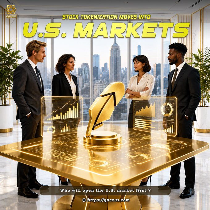 The image shows four business professionals gathered around a golden, futuristic table with a central arrow sculpture and digital financial charts, with a city skyline backdrop. Bold text reads "STOCK TOKENIZATION MOVES INTO U.S. MARKETS," along with the caption "Who will open the U.S. market first?" and the website qncxus.com, visually echoing the discussion of tokenized stocks entering the U.S. market.