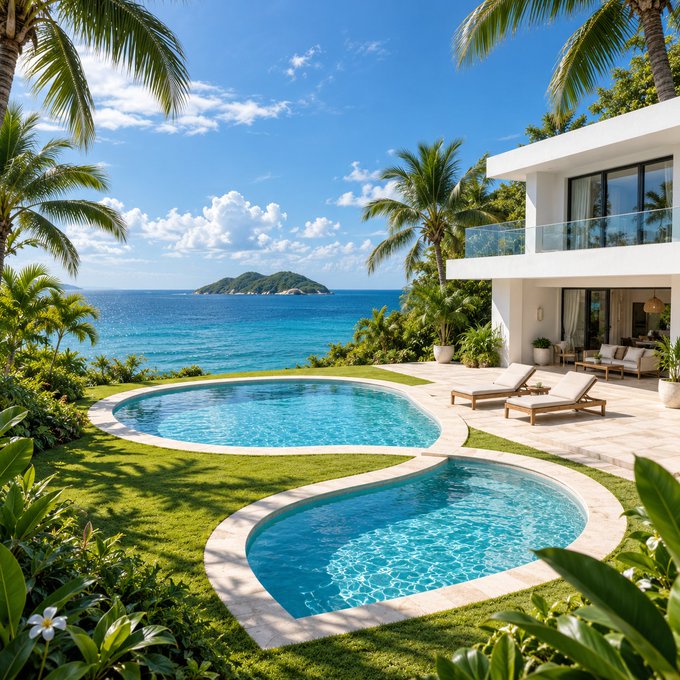 A luxurious modern villa features a freeform infinity pool overlooking turquoise ocean waters, framed by tropical palm trees and lush greenery. The serene, sun-drenched paradise evokes a sense of endless possibilities and relaxation, perfectly complementing the "B.AI" brand message of an expansive pool of opportunities.