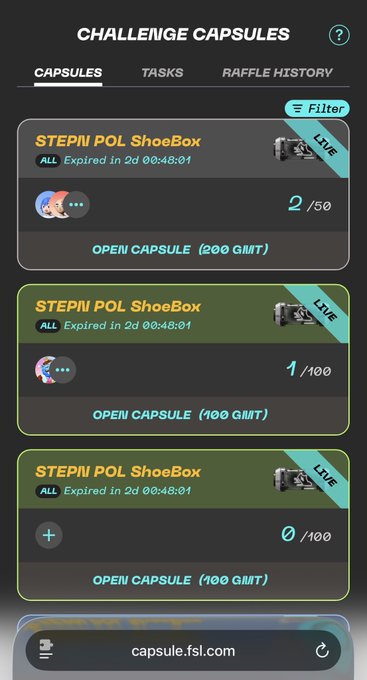 A mobile app interface for 'Challenge Capsules' displays three 'STEPN POL ShoeBox' entries marked as 'LIVE' and 'Expired in 2d 00:48:01', showing quantities like '2/50' and '1/100' with options to open the capsules for GMT tokens at capsule.fsl.com.