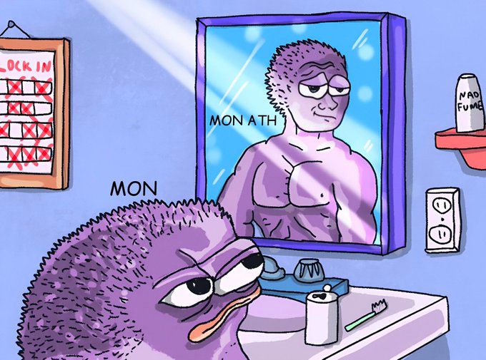 A purple, hairy cartoon character ("MON") admires his muscular reflection in the mirror while a checklist on the wall is marked with red X's, humorously depicting a "MON ATH" (all-time high) moment tied to the $MON token.