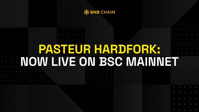 A promotional graphic featuring the BNB Chain logo at the top announces the message "PASTEUR HARDFORK: NOW LIVE ON BSC MAINNET" in bold yellow and white text against a dark geometric background. The image aligns with the announcement by visually highlighting the deployment of the Pasteur hardfork on BSC Mainnet, emphasizing key network upgrades to bridge, staking, and governance security.