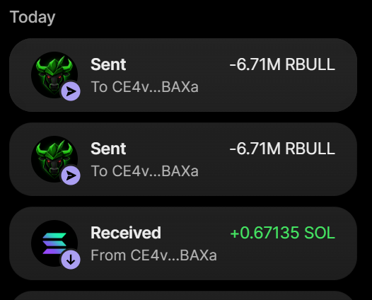 The image shows a crypto wallet transaction history displaying two sent transactions of -6.71M $RBULL each and one received transaction of +0.67135 SOL from/to address CE4v...BAXa, confirming the successful purchase of approximately 13.4M $RBULL for 0.67 SOL as advertised.