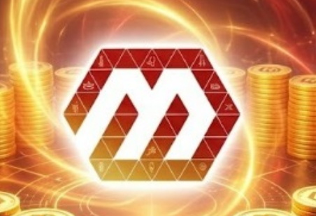 A digital graphic shows a white hexagonal 'M' logo surrounded by stacks of gold coins and glowing orange energy swirls.